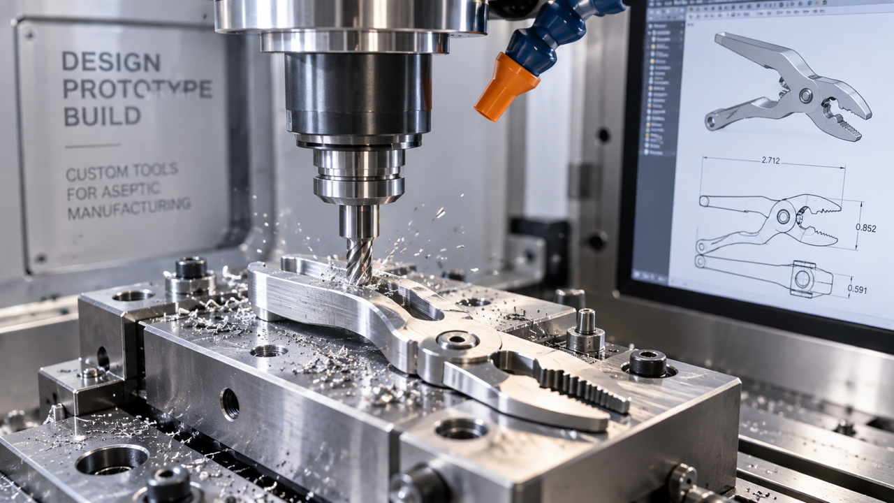 CNC machine milling a custom tool next to a CAD drawing on a monitor